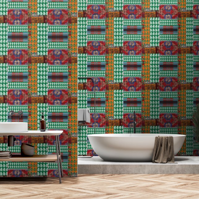 a green and black pattern with a tree in the middl wallpaper (Bathroom)