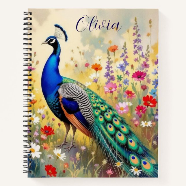 A Green and Blue Peacock in Flowers Personalized Notebook (Front)