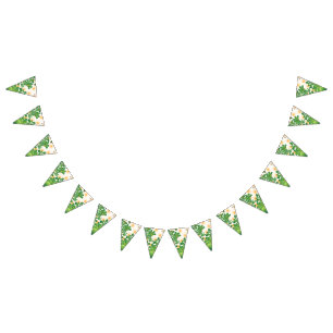 A green and gold artistic pattern depicting a tree bunting flags