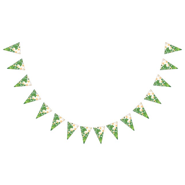 A green and gold artistic pattern depicting a tree bunting flags (All)