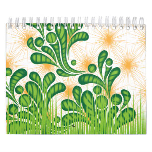 A green and gold artistic pattern depicting a tree calendar