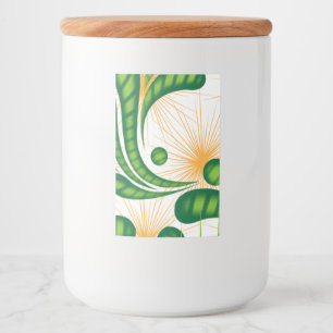 A green and gold artistic pattern depicting a tree food label