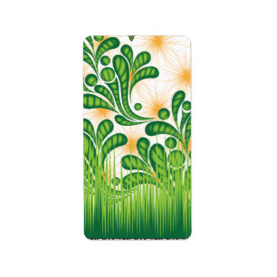 A green and gold artistic pattern depicting a tree label