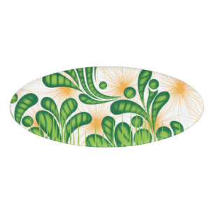 A green and gold artistic pattern depicting a tree name tag