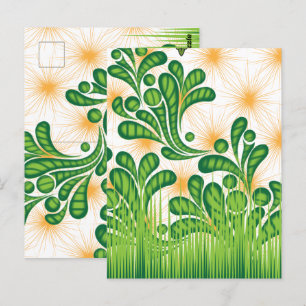 A green and gold artistic pattern depicting a tree postcard