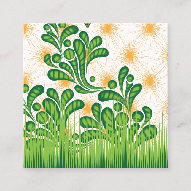 A green and gold artistic pattern depicting a tree square business card (Front)