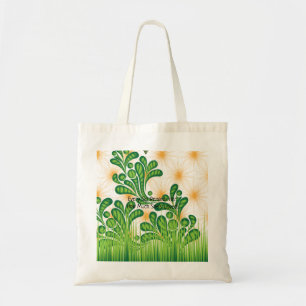 A green and gold artistic pattern depicting a tree tote bag