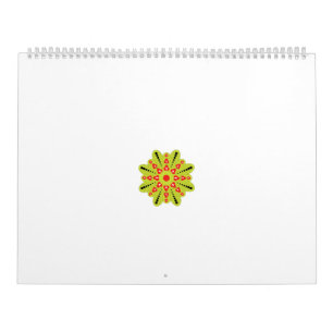 a green and red flower with black dots calendar