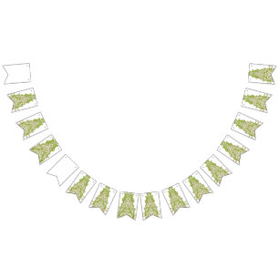 a green and white wallpaper with ornate designs bunting flags