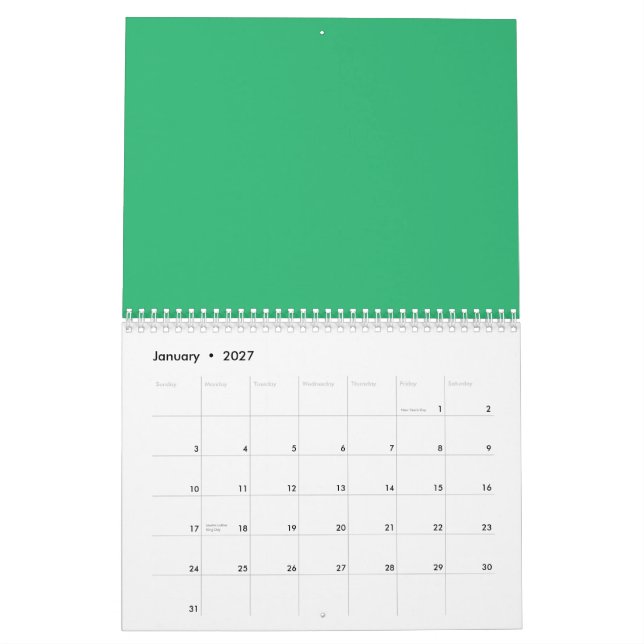 a green background with a white border calendar (Jan 2027)
