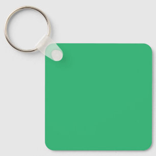 a green background with a white border keychain