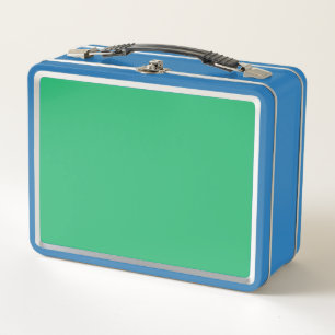 a green background with a white border metal lunch box