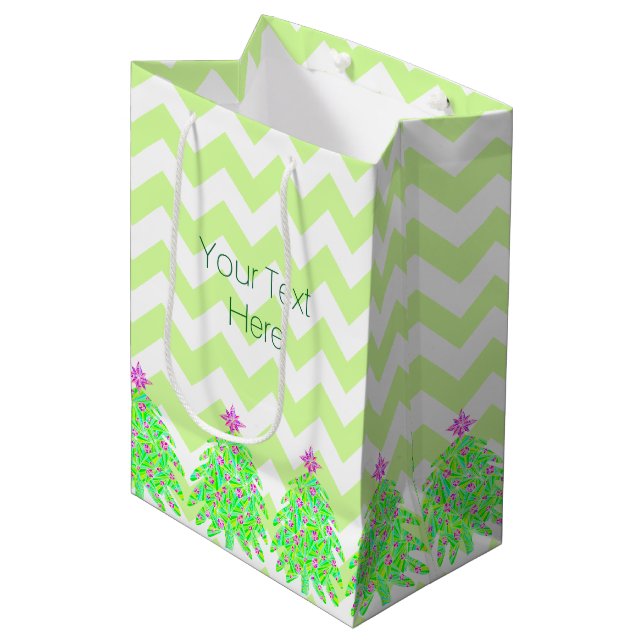 A Green Christmas Tree Personalized Chevron Medium Gift Bag (Front Angled)