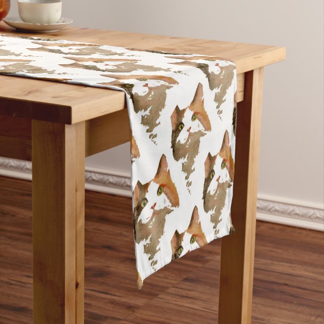 A Green Eyed Calico Cat Artistic Portrait Short Table Runner (In Situ)