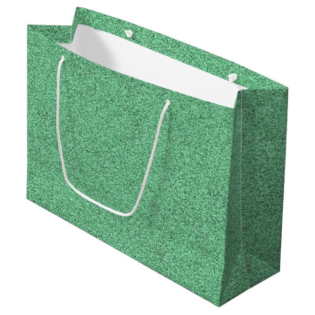 A green gift bag with a white rope handle (Front Angled)