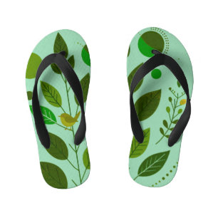 A Green little Bird and Green Leaves Kid's Flip Flops