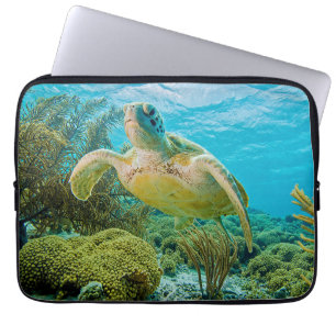 A Green Turtle On The Shallow Reefs Of Bonaire Laptop Sleeve