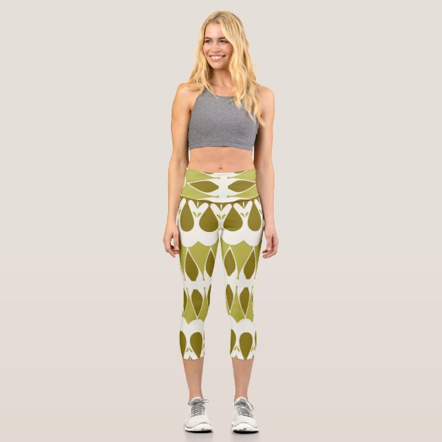 A green & white trendy fabric pattern design capri leggings (Front)