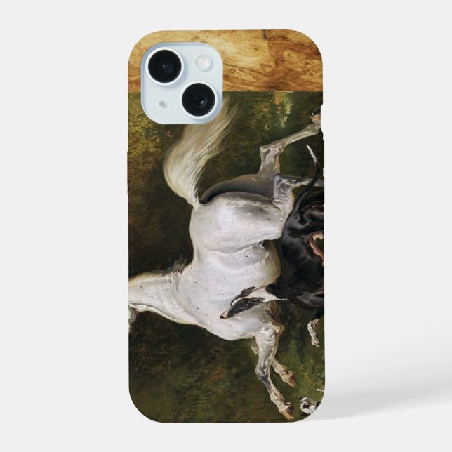 A Grey Arab Stallion Galloping With Dogs iPhone 15 Case (Back)