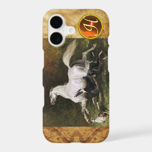 A Grey Arab Stallion Galloping With Dogs Monogram