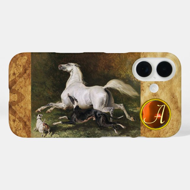 A Grey Arab Stallion Galloping With Dogs Monogram Case-Mate iPhone Case (Back (Horizontal))