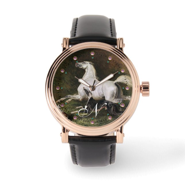 A Grey Arab Stallion Galloping With Dogs Monogram Watch (Front)