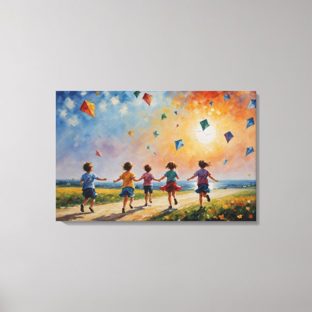 a group of children running with kites canvas print (Front)