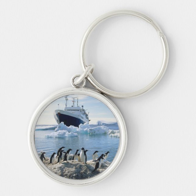 A Group Of Penguins Standing On An Icy Beach Keychain (Front)