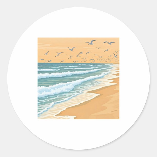 a group of seagulls flying over a beach with waves classic round sticker (Front)
