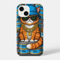 A grumpy cat wearing gold chains