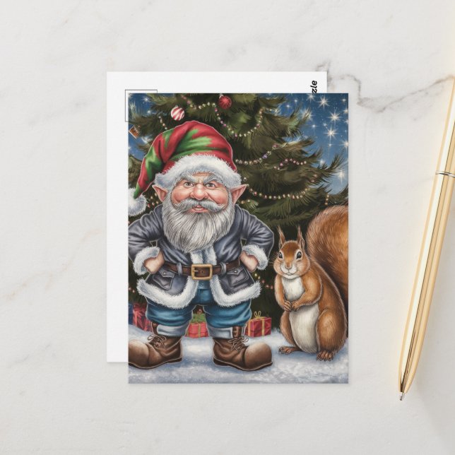 A Grumpy Gnome and Squirrel Christmas Postcard (Front/Back In Situ)