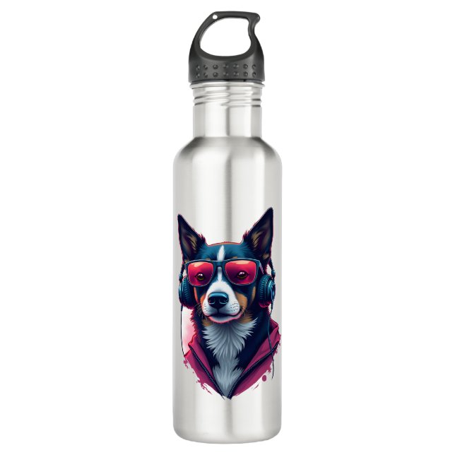 A Habu dog wearing sunglasses and headphones  710 Ml Water Bottle (Front)