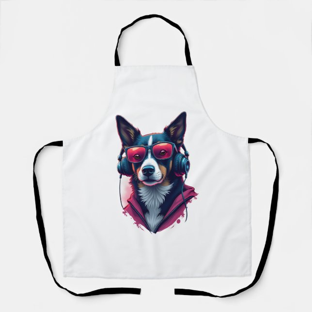 A Habu dog wearing sunglasses and headphones  Apron (Front)
