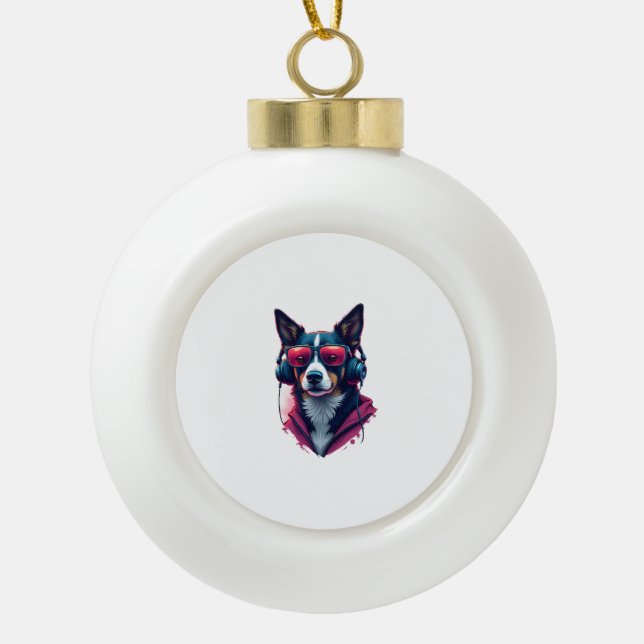 A Habu dog wearing sunglasses and headphones  Ceramic Ball Christmas Ornament (Front)