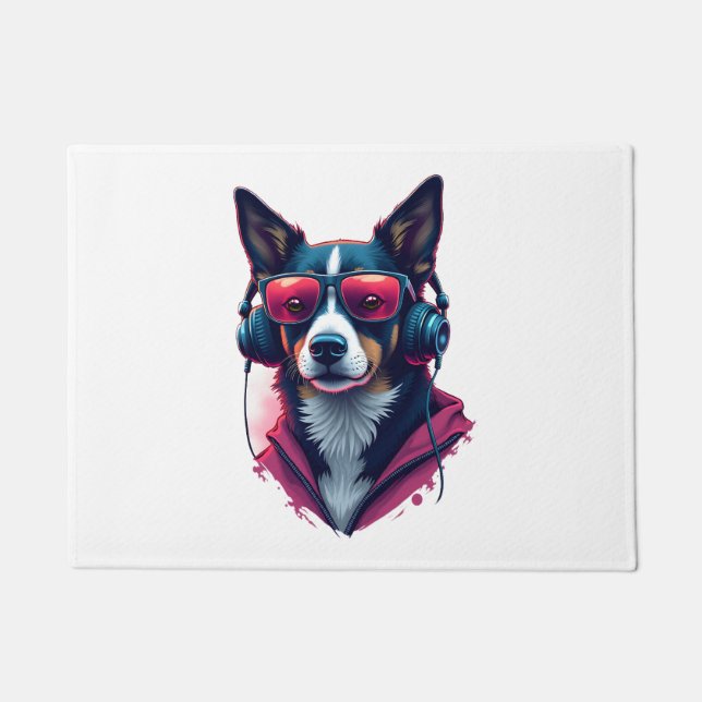 A Habu dog wearing sunglasses and headphones  Doormat (Front)
