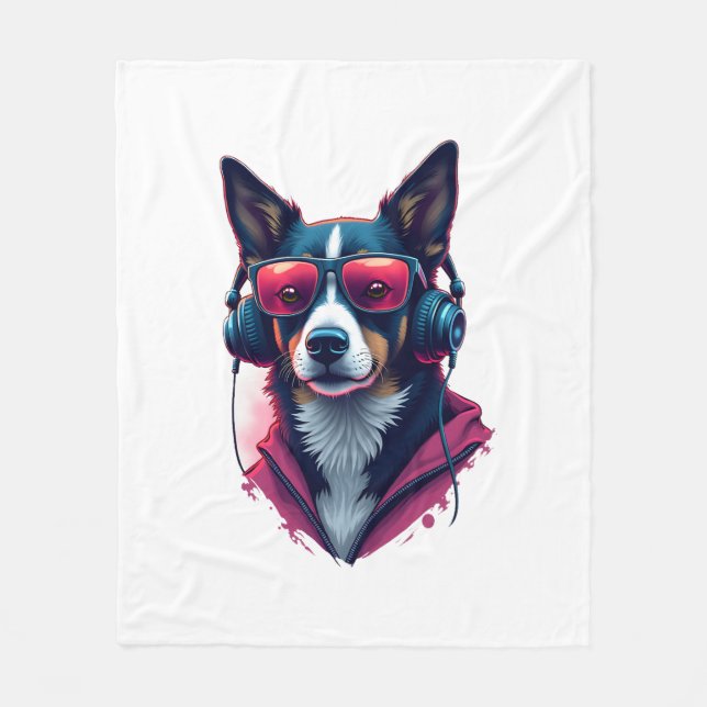 A Habu dog wearing sunglasses and headphones  Fleece Blanket (Front)