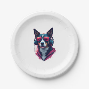 A Habu dog wearing sunglasses and headphones Paper Plate
