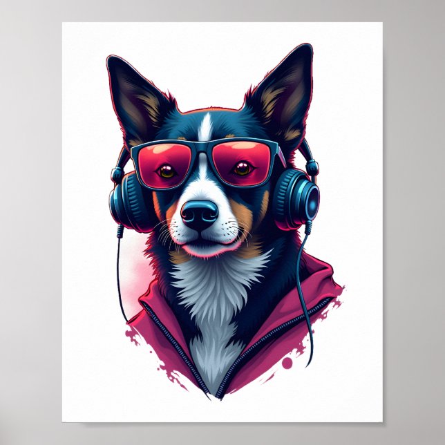 A Habu dog wearing sunglasses and headphones  Poster (Front)