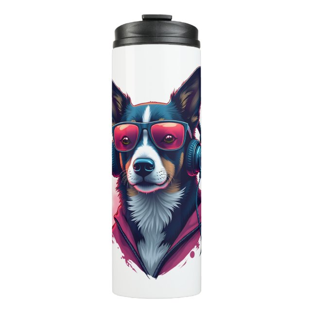 A Habu dog wearing sunglasses and headphones  Thermal Tumbler (Front)
