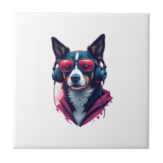 A Habu dog wearing sunglasses and headphones  Tile (Front)