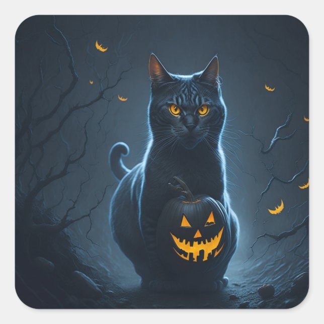 A Halloween cat with a glowing jackolantern Square Sticker (Front)