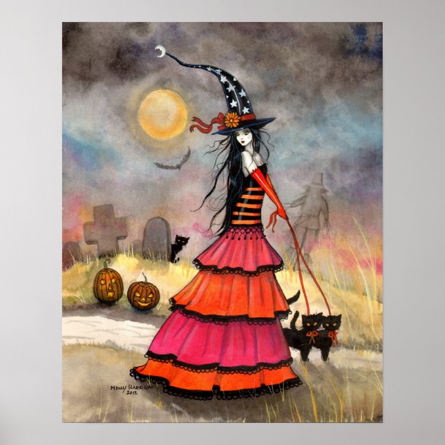A Halloween Stroll Fantasy Witch Black Cats Poster (Front)