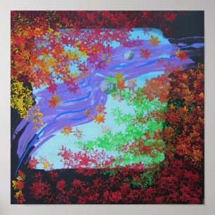 A hand-drawn painting of autumn leaves in Japan Poster