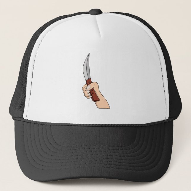 A hand holding a knife trucker hat (Front)