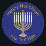 A Hanukkah Gold Menorah On Rich Blue Background Classic Round Sticker<br><div class="desc">A classic Hanukiah design in gold and white on a deep blue faux sparkle background features space for your personalized text making this round sticker a unique addition to your Hanukkah celebrations. Use these Hanukkah stickers on mailings, scatter on a gift package or tuck them into favour bags as party...</div>