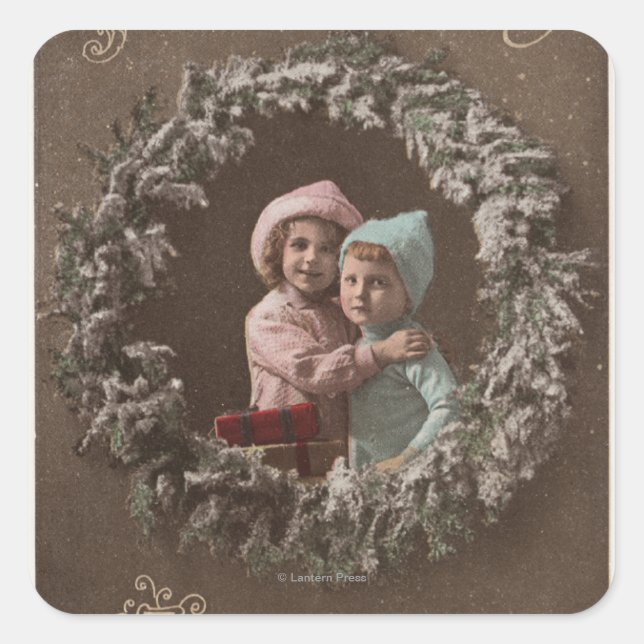 A Happy ChristmasLittle Kids Hugging Square Sticker (Front)