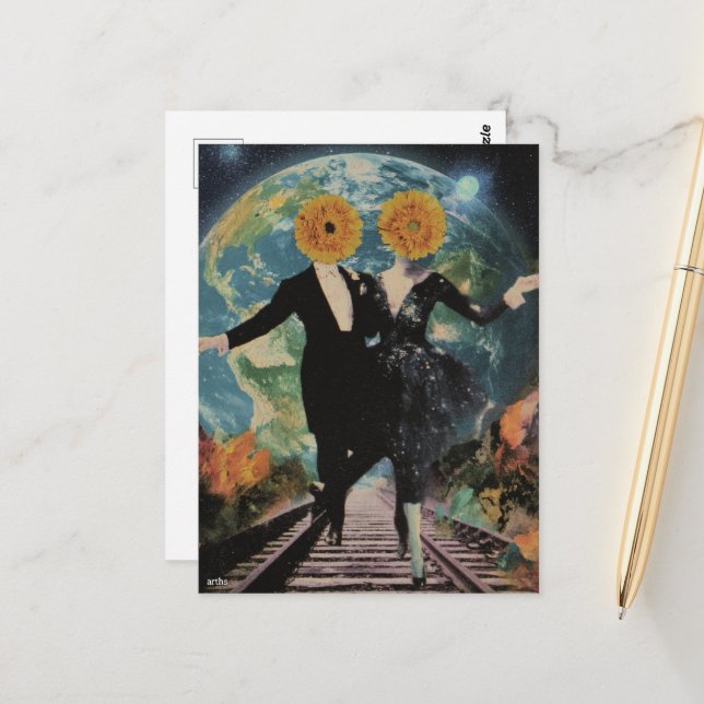 A Happy Couple Dance Surreal Collage Postcard (Front/Back In Situ)