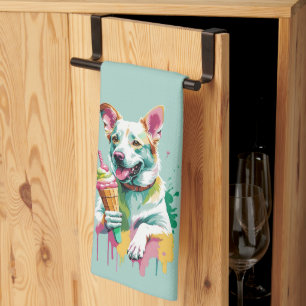 A Happy Dog eating an ice-cream Kitchen Towel