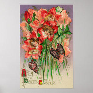 A Happy Easter with Women Head Flowers Poster