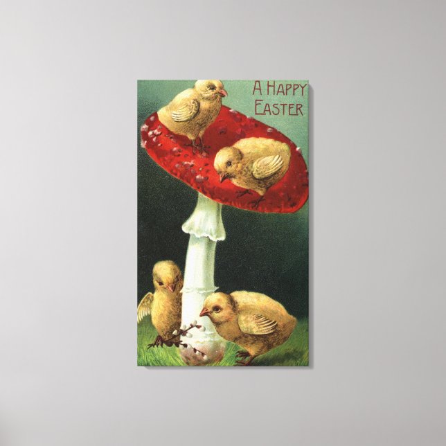A Happy EasterChicks on Red Mushroom Canvas Print (Front)